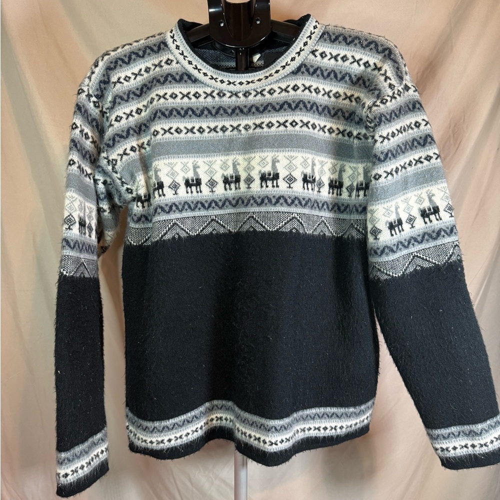 Tejidos Yarina Alpaca Wool Sweater Large Gray Black Alpaca Pattern 🦙